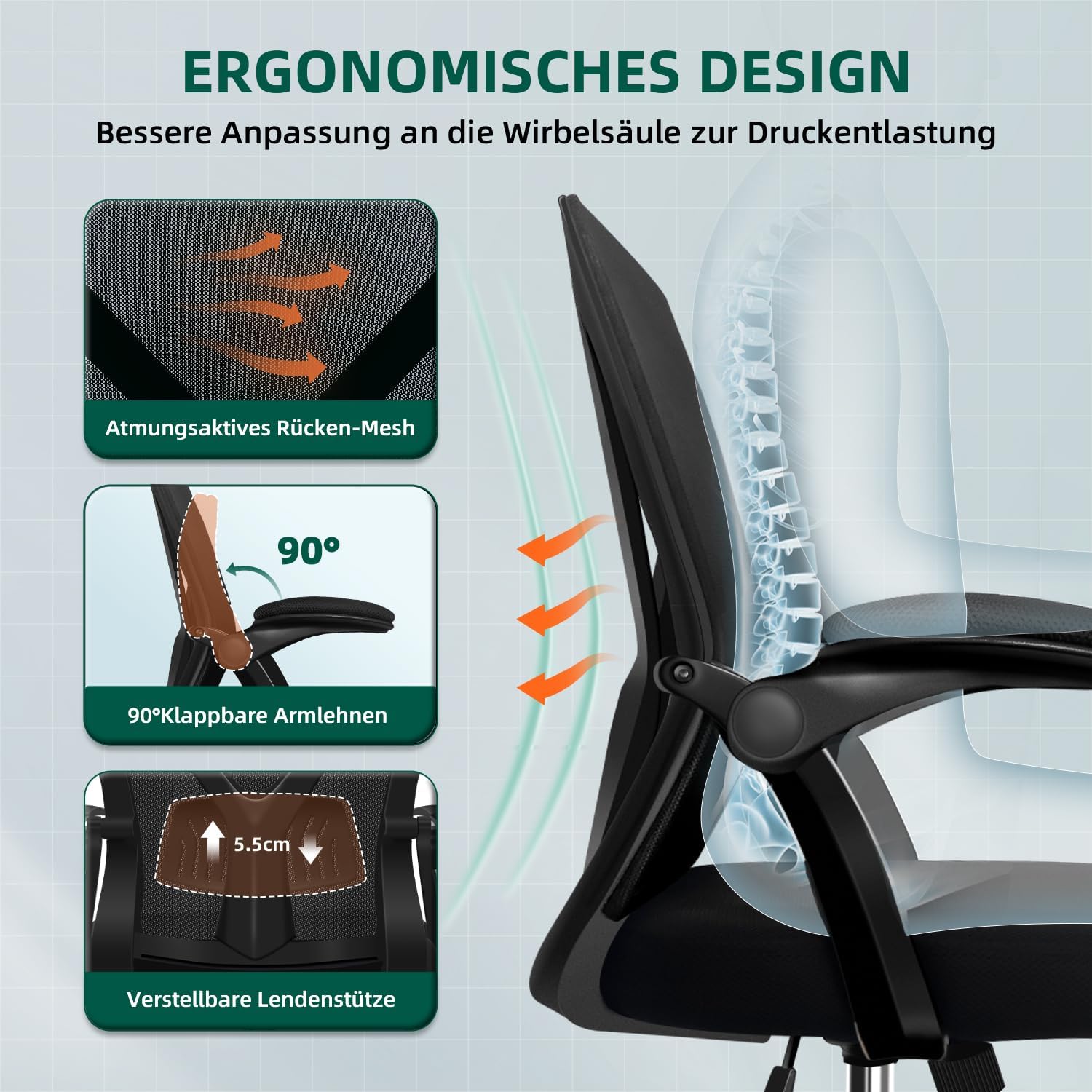 Bürostuhl Bürostuhl mit klappbaren Armlehnen,Ergonomischer Bürostuhl