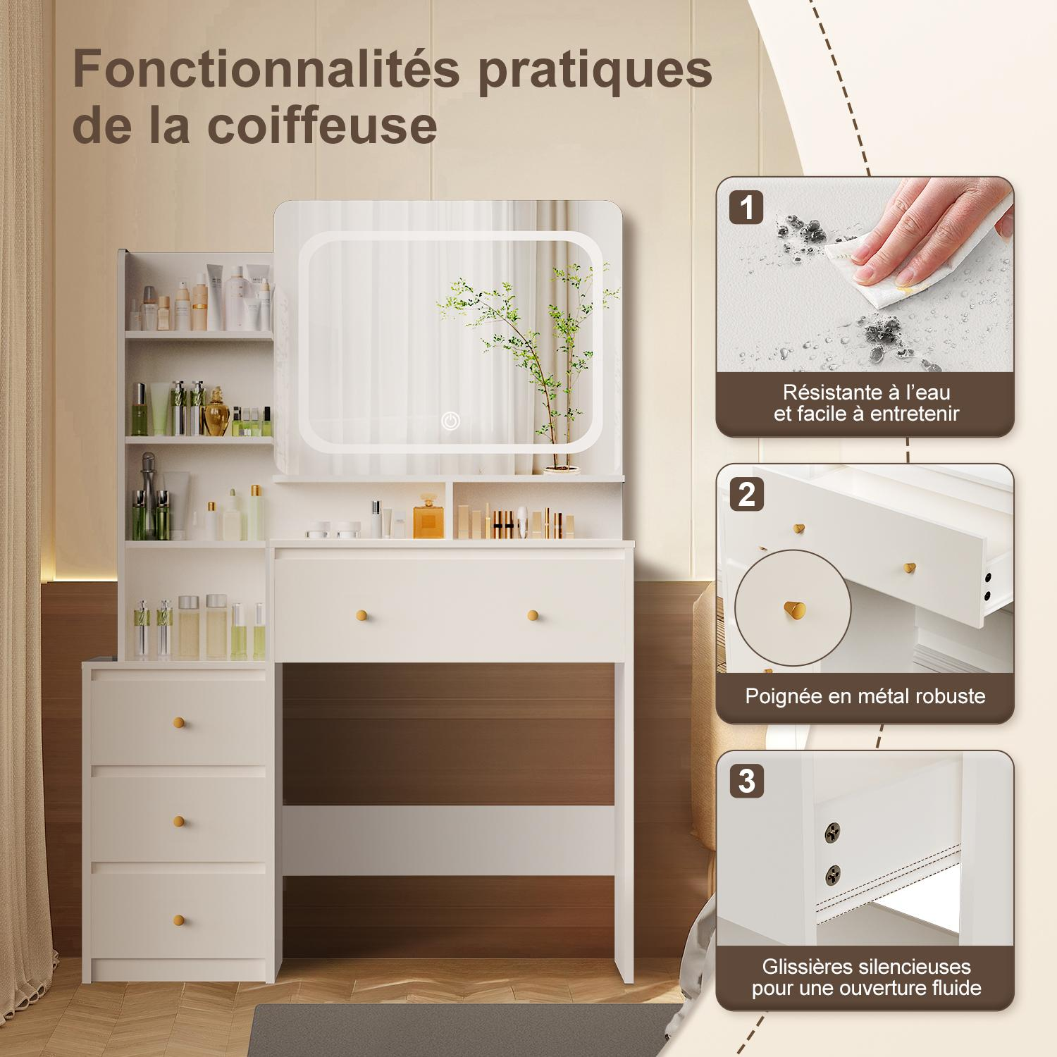 Schminktisch Schminktisch mit verstellbaren LED-Beleuchtung, Kosmetiktisch mit Spiegel，4 Schubladen und 6 offenen Ablagen，Geeignet für Schlafzimmer, Weiß