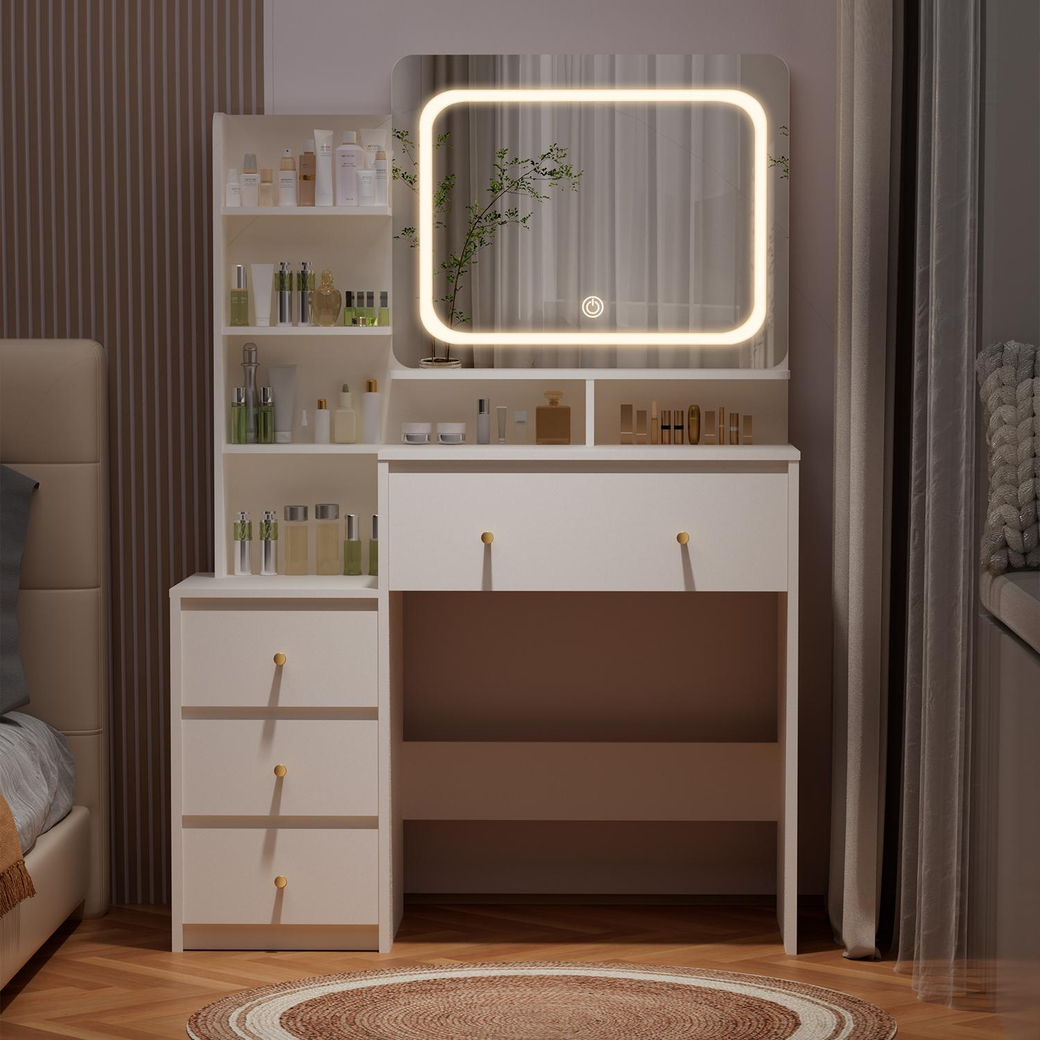 Schminktisch Schminktisch mit verstellbaren LED-Beleuchtung, Kosmetiktisch mit Spiegel，4 Schubladen und 6 offenen Ablagen，Geeignet für Schlafzimmer, Weiß
