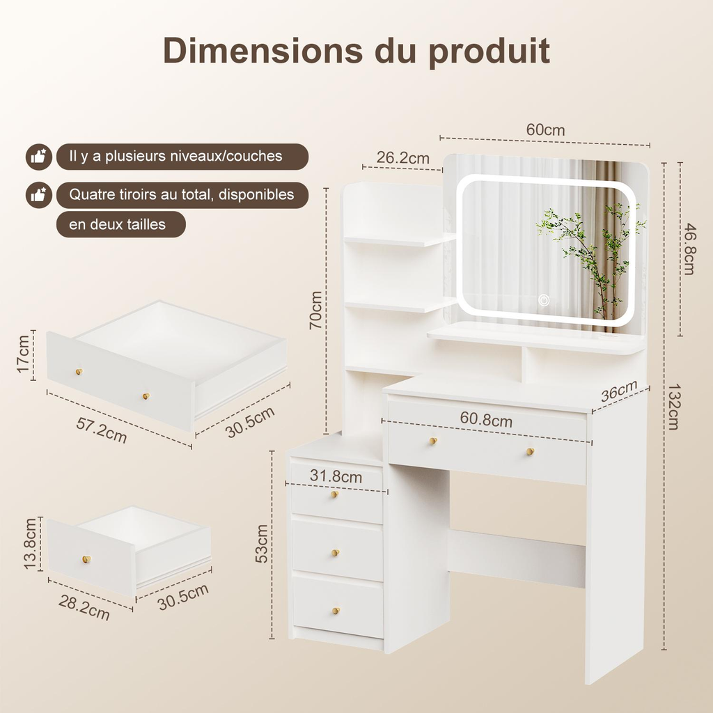 Schminktisch Schminktisch mit verstellbaren LED-Beleuchtung, Kosmetiktisch mit Spiegel，4 Schubladen und 6 offenen Ablagen，Geeignet für Schlafzimmer, Weiß
