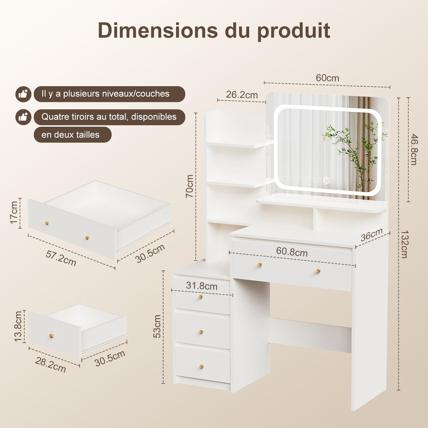 Schminktisch Schminktisch mit verstellbaren LED-Beleuchtung, Kosmetiktisch mit Spiegel，4 Schubladen und 6 offenen Ablagen，Geeignet für Schlafzimmer, Weiß