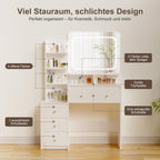 Schminktisch Schminktisch mit verstellbaren LED-Beleuchtung, Kosmetiktisch mit Spiegel，4 Schubladen und 6 offenen Ablagen，Geeignet für Schlafzimmer, Weiß