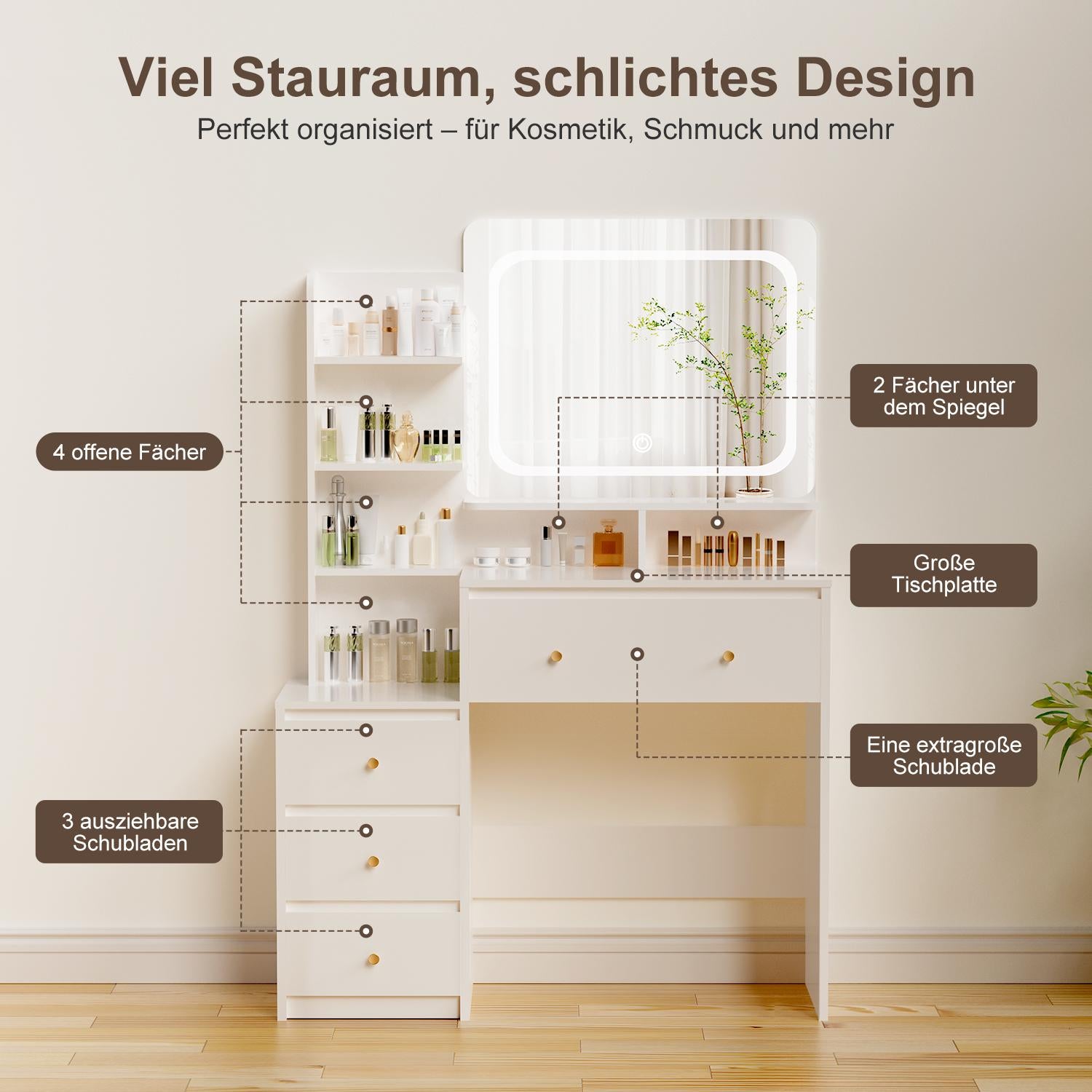 Schminktisch Schminktisch mit verstellbaren LED-Beleuchtung, Kosmetiktisch mit Spiegel，4 Schubladen und 6 offenen Ablagen，Geeignet für Schlafzimmer, Weiß