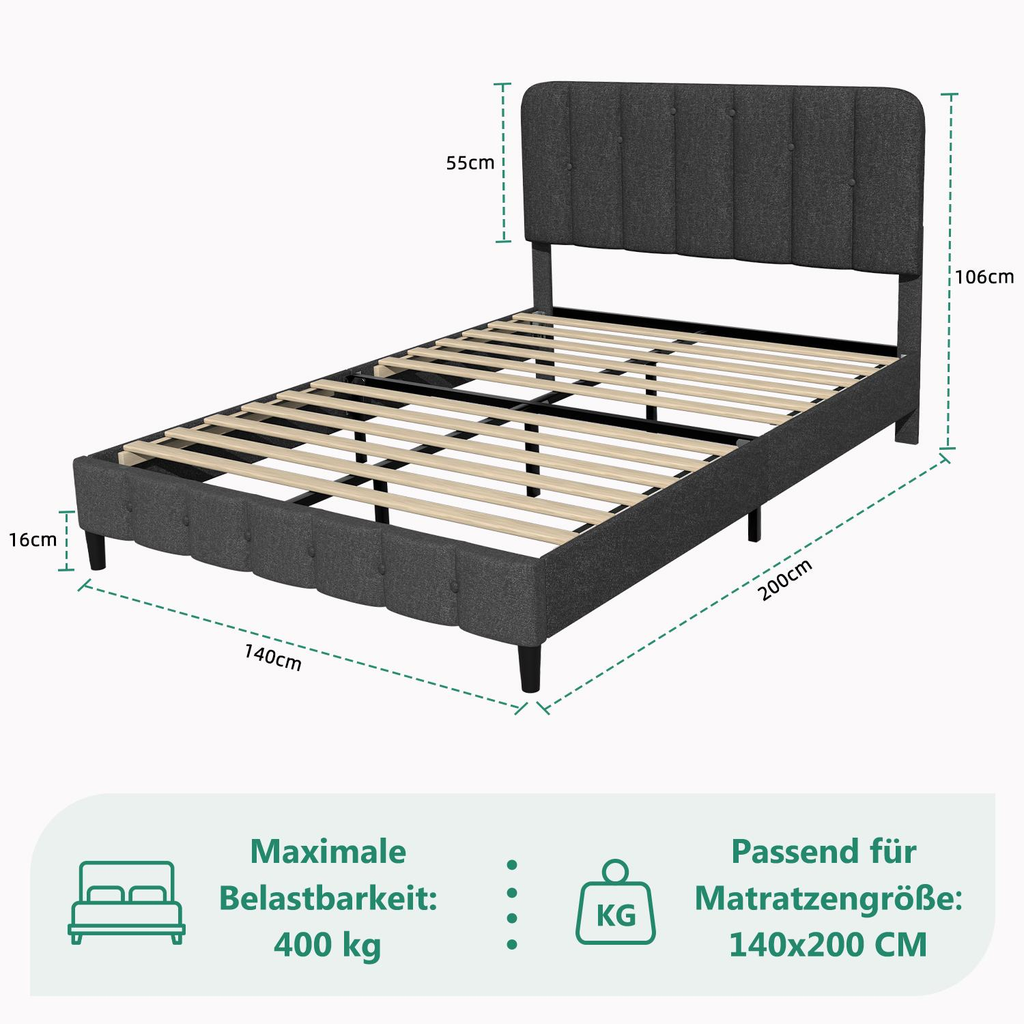 Polsterbett Bett 140x200 mit Lattenrost (Doppelbett mit gepolstertem Kopfteil, Einfache Montage, Robustes Gestell und Samtbezug), wählen Sie Größe und Farbe! Kostenlose Lieferung!