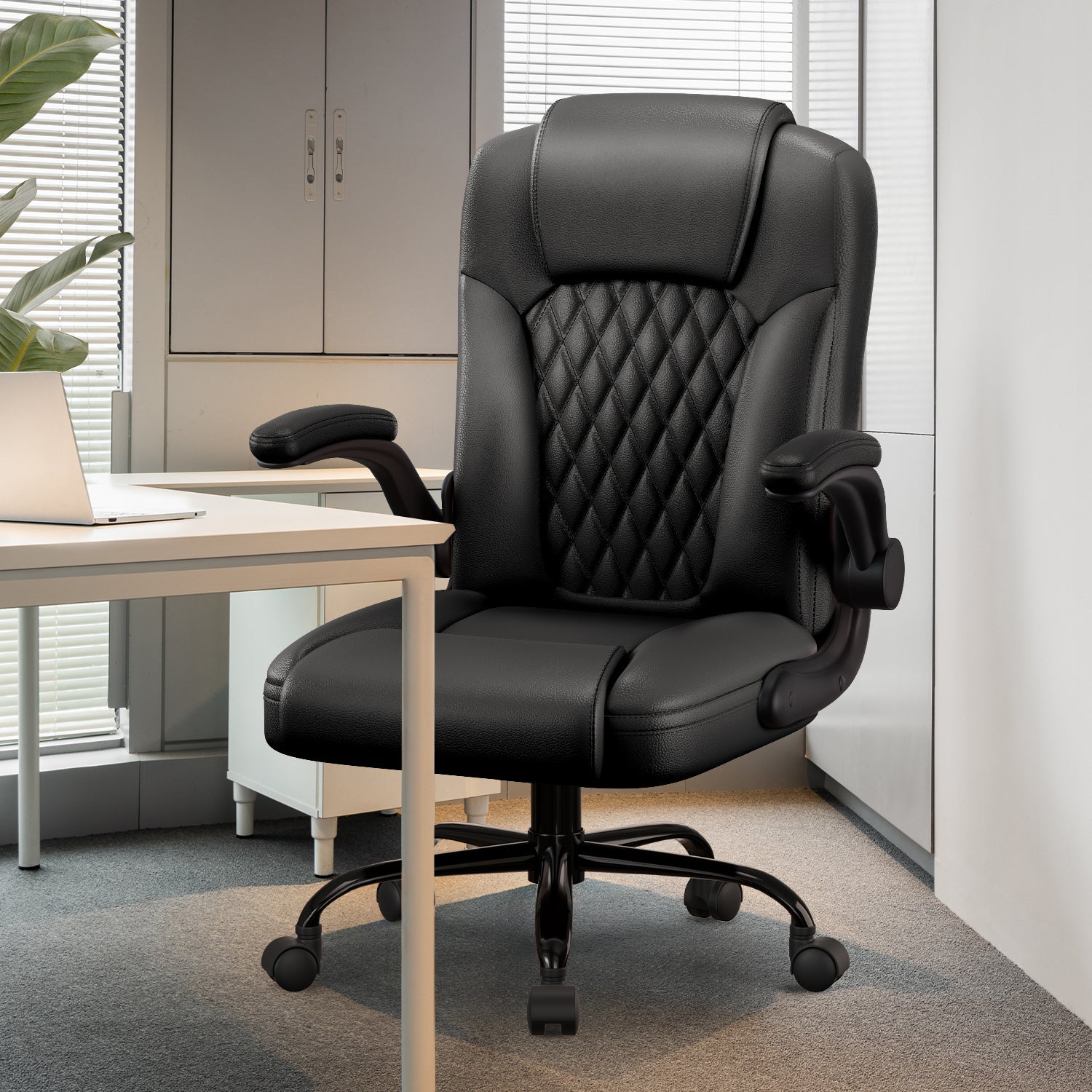 Bürostuhl Ergonomisch, Kunstleder Schreibtischstuhl 90° Klappbaren Armlehnen