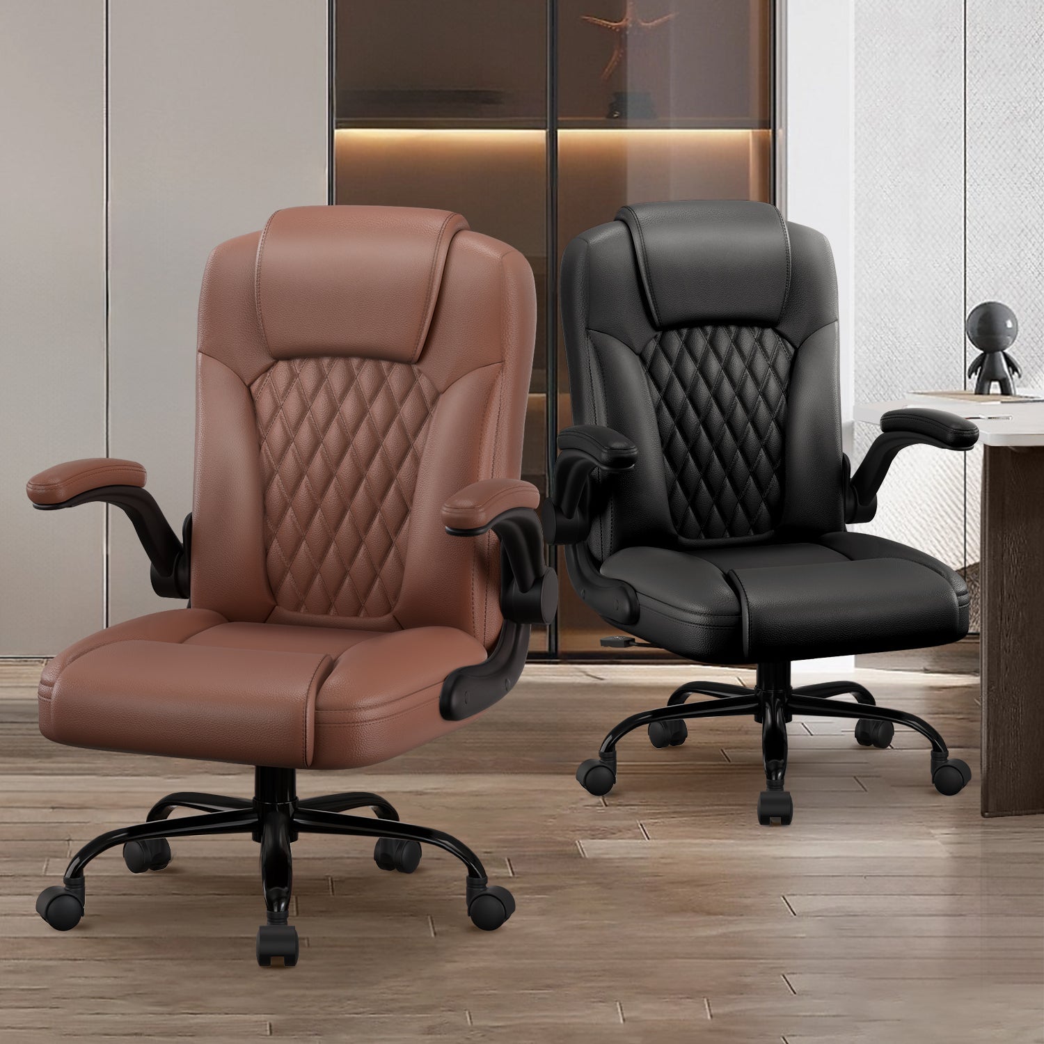 Bürostuhl Ergonomisch, Kunstleder Schreibtischstuhl 90° Klappbaren Armlehnen
