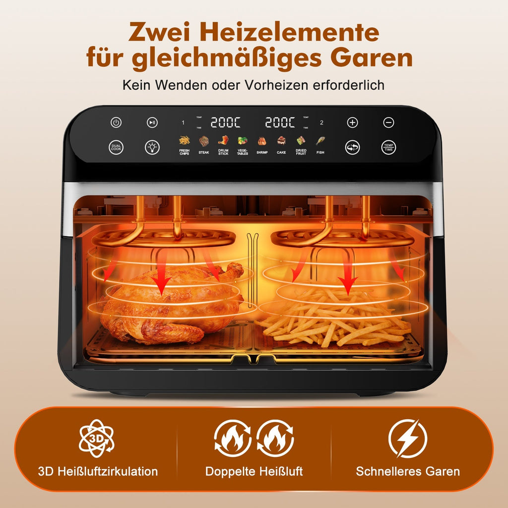 Heißluftfritteuse Dual Zone Heißluftfritteuse, 10L Airfryer mit herausnehmbarem Trenner, 2 Gestelle, Heißluftfritteuse 2 kammern, 8 Kochfunktionen