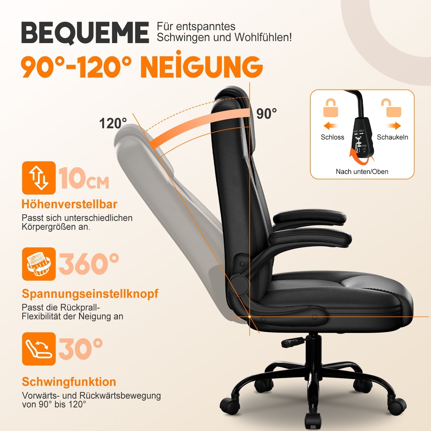 Bürostuhl Ergonomisch, Kunstleder Schreibtischstuhl 90° Klappbaren Armlehnen