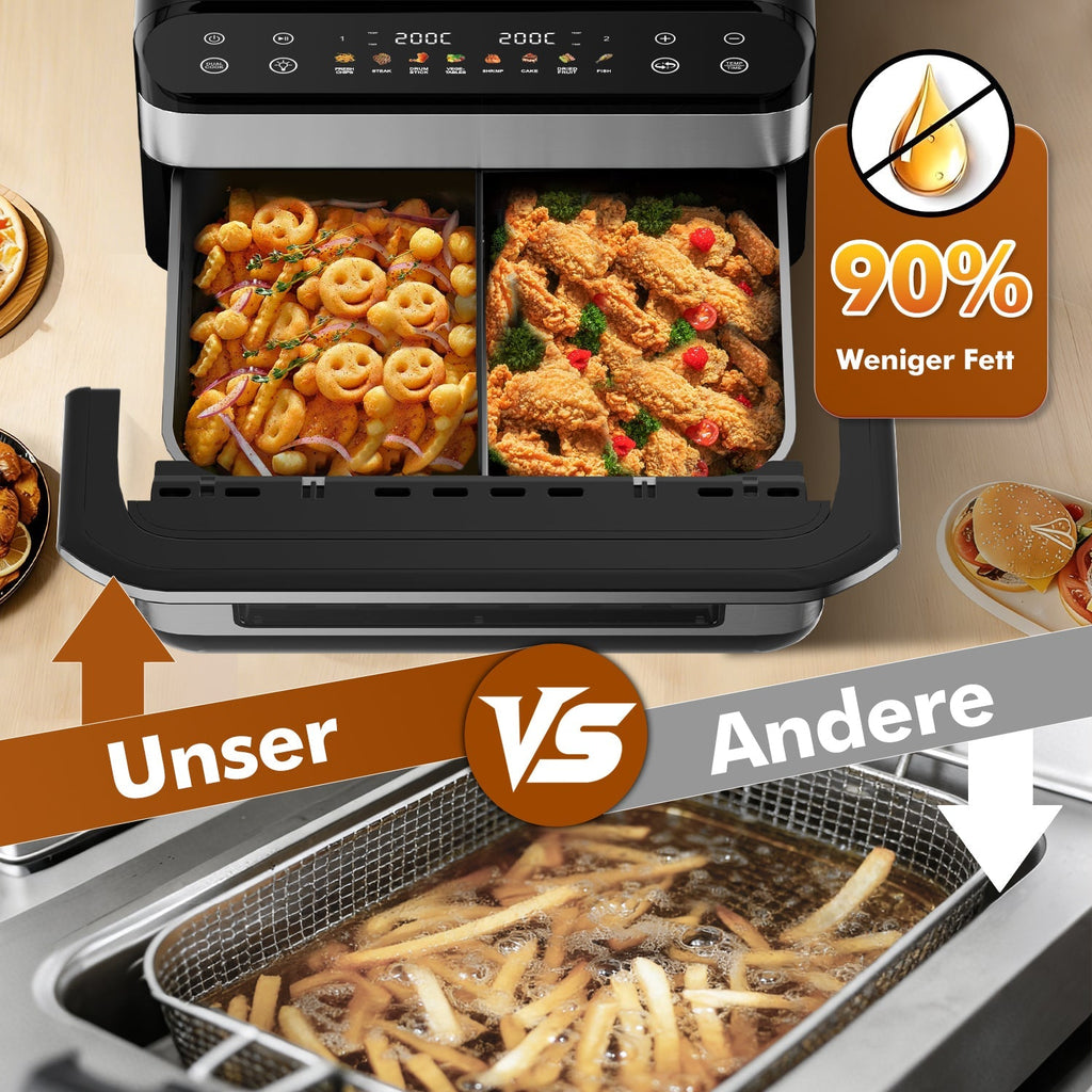 Heißluftfritteuse Dual Zone Heißluftfritteuse, 10L Airfryer mit herausnehmbarem Trenner, 2 Gestelle, Heißluftfritteuse 2 kammern, 8 Kochfunktionen